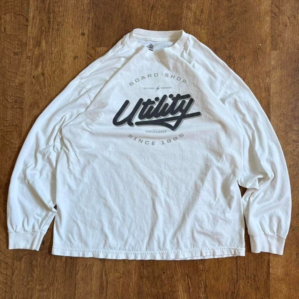 57. White Utility‎ Board Shop long sleeve shirt, flaws shown in photos